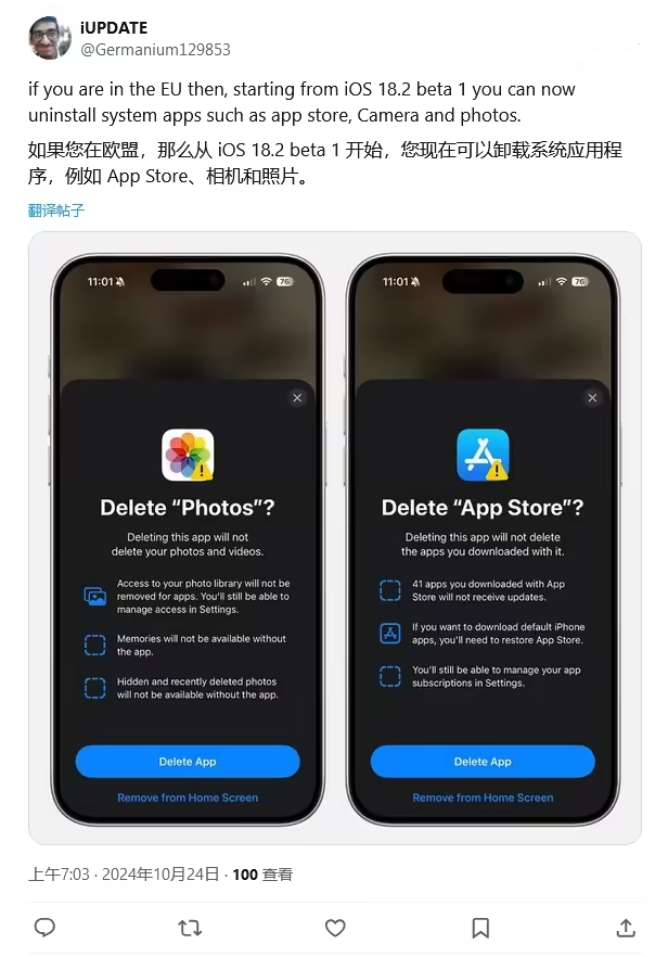 播州苹果手机维修分享iOS 18.2 支持删除 App Store 应用商店 