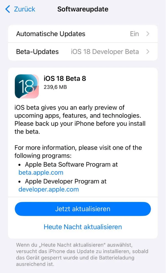 播州苹果手机维修分享苹果 iOS / iPadOS 18 开发者预览版 Beta 8 发布 